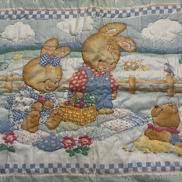 Title Unknown Other - Vintage Quilted Embroidered Kitschy Baby Blanket 34 x 43 Pastels Bunny Cottage